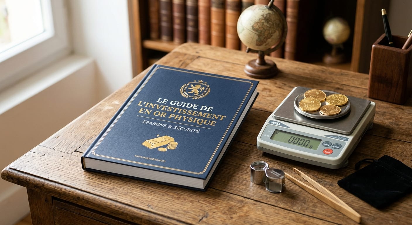 Couverture du guide d investissement en or physique posé à côté d une balance de précision et de pièces d or de collection